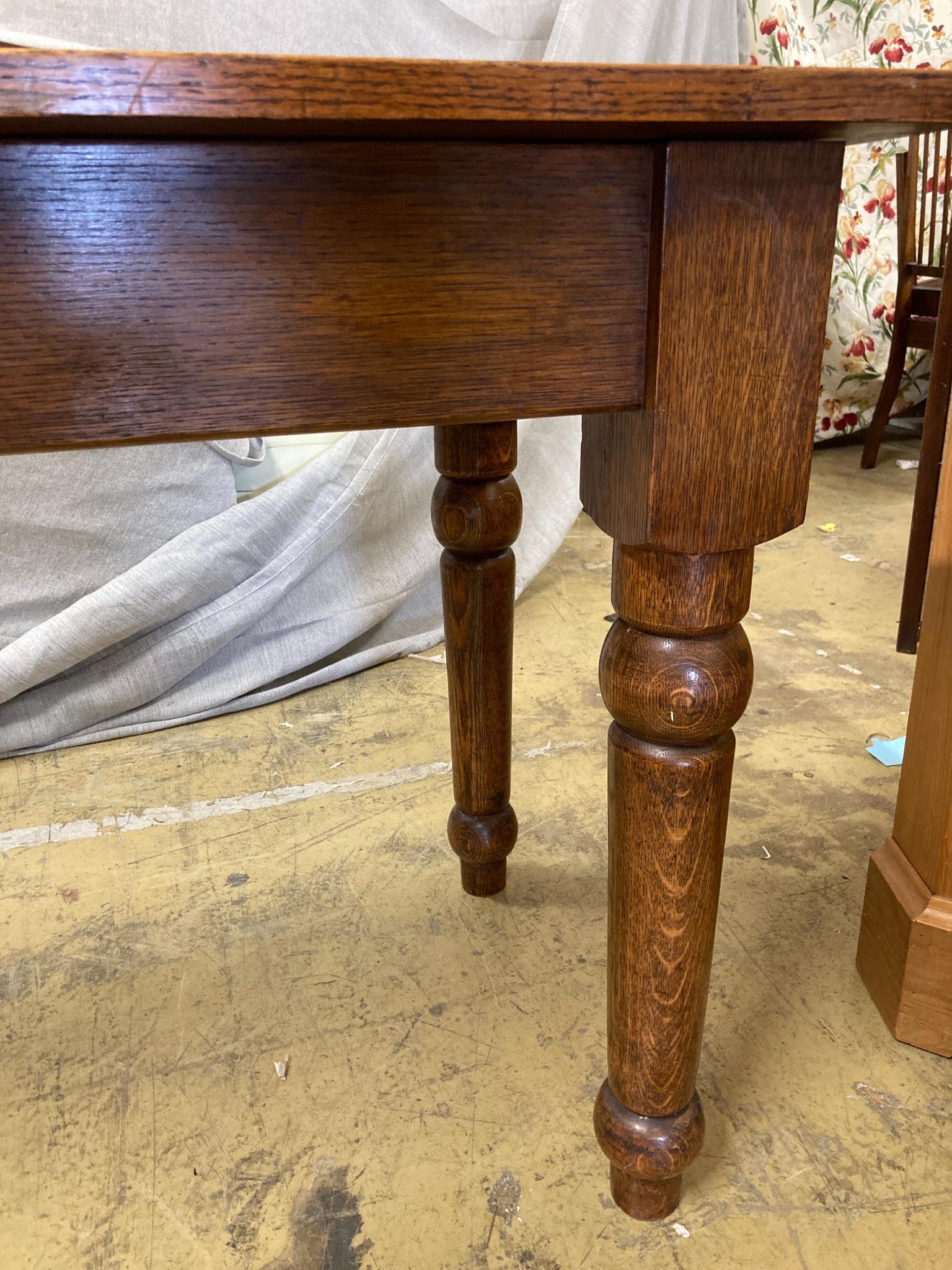 A Victorian style narrow oak rectangular refectory or serving table, length 267cm, width 61cm, height 76cm